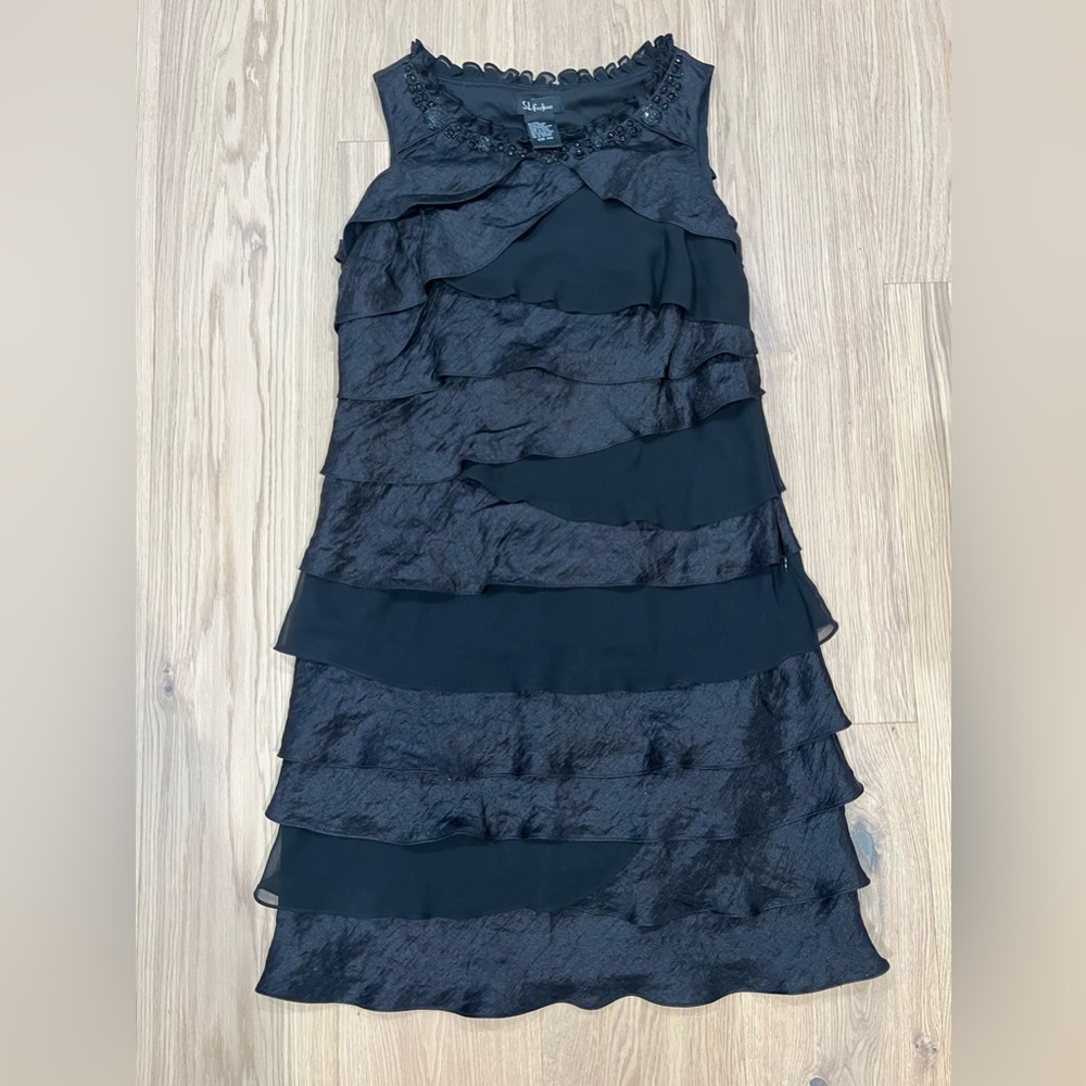 SL Fashions Black Retro 20s Style Beaded Black Ruffle Sleeveless Dress Womens 14